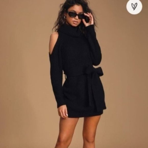 NWT Lulu's Cold Shoulder Black Turtleneck Mini Sweater Dress Size Small - Picture 3 of 4